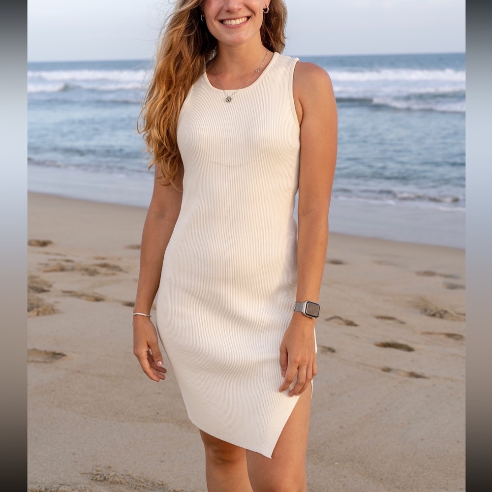 Jonathan Simkhai Ribbed Knit Asymmetrical Tank Cream white Dress small like new